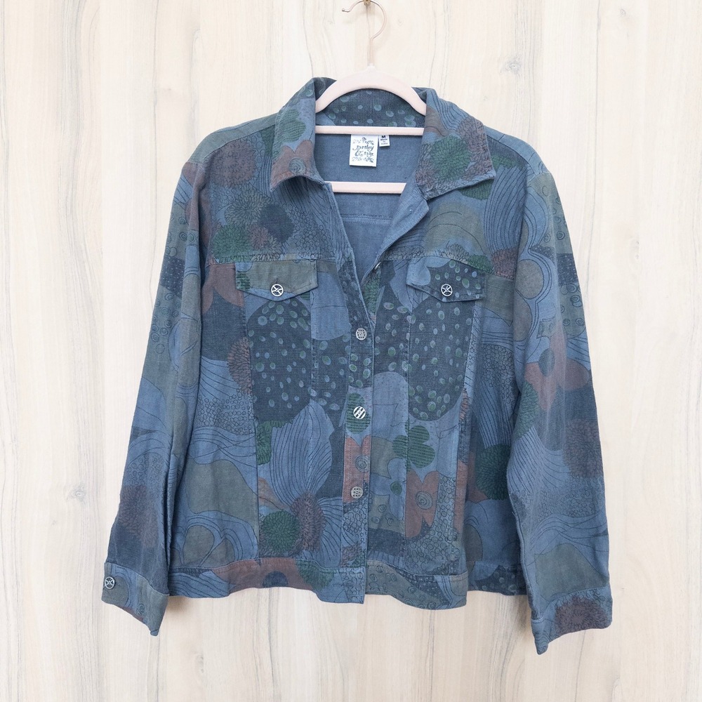 Parsley & Sage Aubrey Floral Jacket M Blue Abstract‎ Cotton Artsy Boho Lagenlook